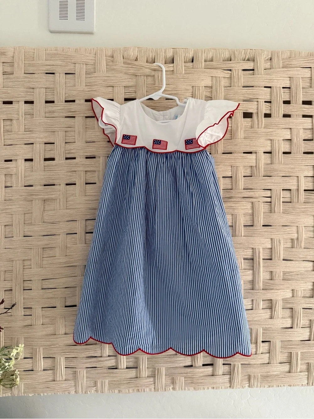 Classical Whimsy Girls Blue Pinstripe Patriotic Ruffle Dress